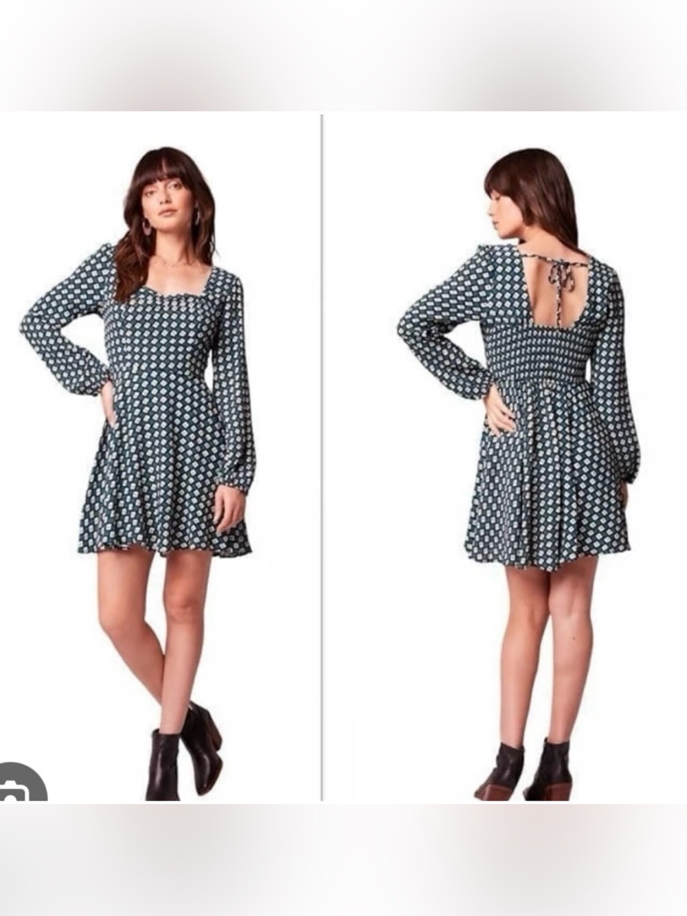 Band of the Free Genevieve Teal Geometric Long Sleeve Dress L New